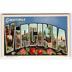 Greetings From Virginia 1940's Curt Teich Vintage Postcard Large Letter Linen